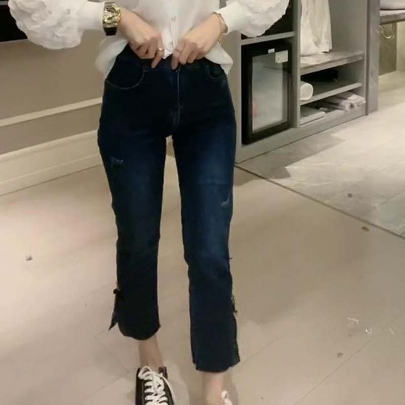 秋季小熊可愛裝飾牛仔褲高腰歐貨顯瘦九分側開叉女直筒煙管褲-細節圖3