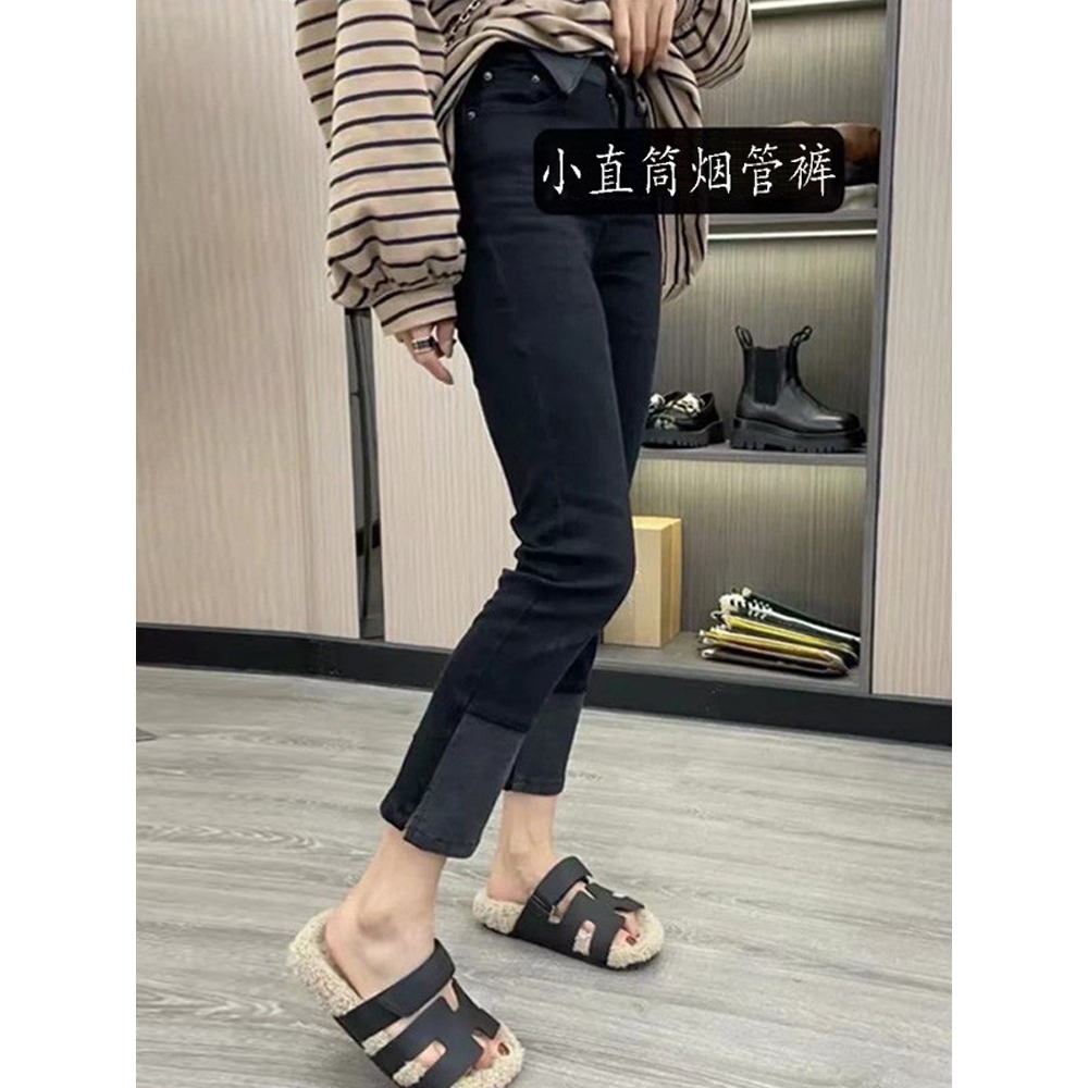 秋冬加絨歐貨高腰顯瘦牛仔褲拼接彈力直筒褲女深色紐扣煙管褲-細節圖2