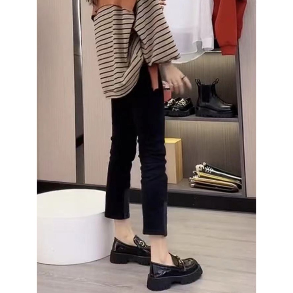秋冬加絨歐貨高腰顯瘦牛仔褲拼接彈力直筒褲女深色紐扣煙管褲-細節圖3