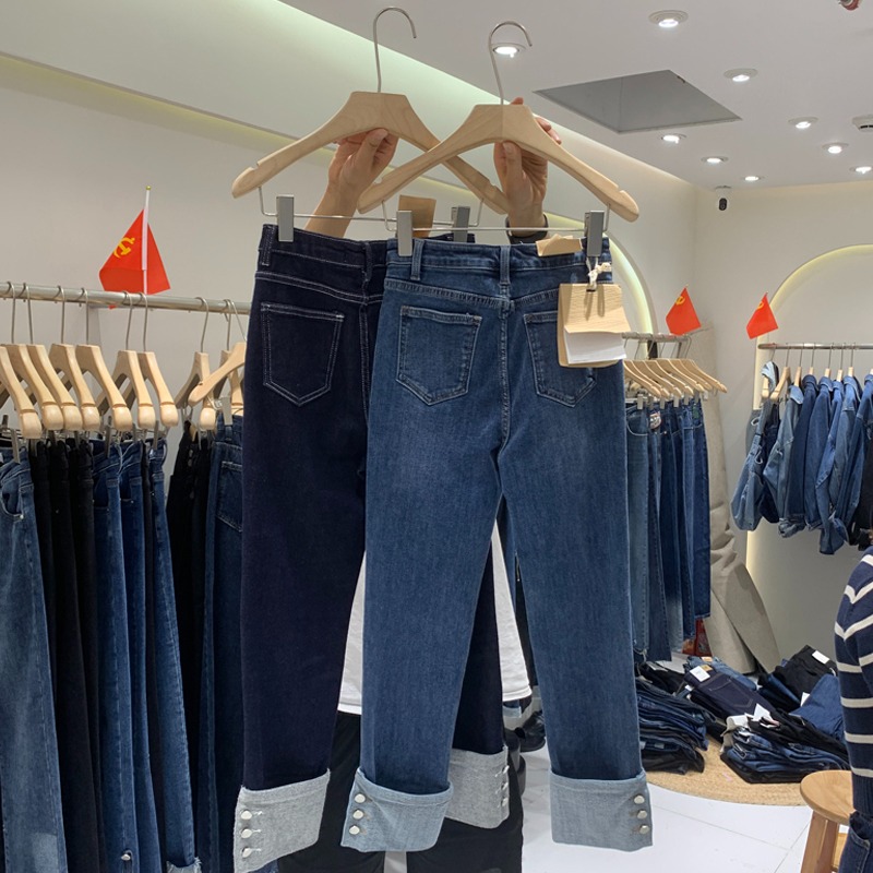 秋季新款潮休閑百搭加絨牛仔褲女顯高直筒排扣翻邊高腰小腳褲-細節圖2