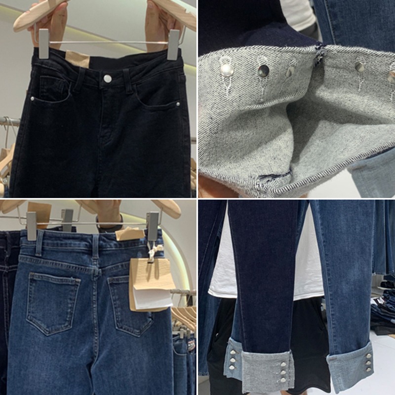 秋季新款潮休閑百搭加絨牛仔褲女顯高直筒排扣翻邊高腰小腳褲-細節圖4