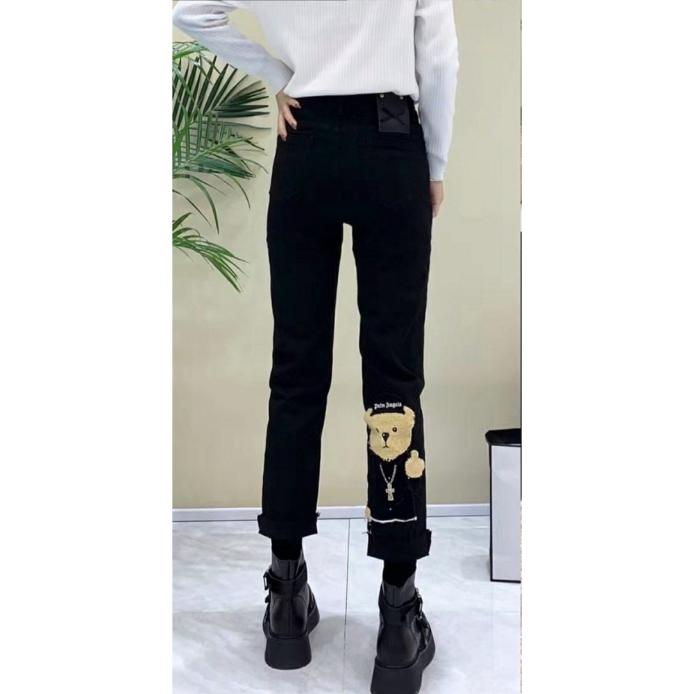 歐貨秋新款可愛刺繡小熊鉛筆褲女高腰顯瘦卡通圖案直筒牛仔褲-細節圖3