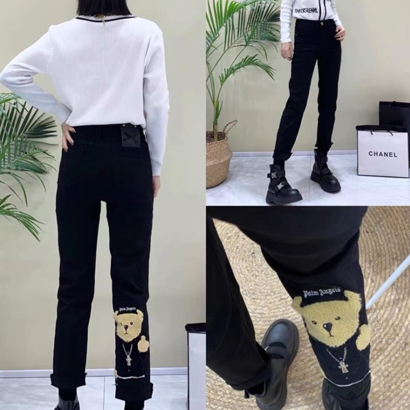 歐貨秋新款可愛刺繡小熊鉛筆褲女高腰顯瘦卡通圖案直筒牛仔褲-細節圖4