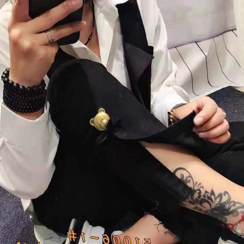 歐洲站秋季金屬小熊設計黑色牛仔褲女顯瘦高腰百搭九分煙管褲-細節圖3