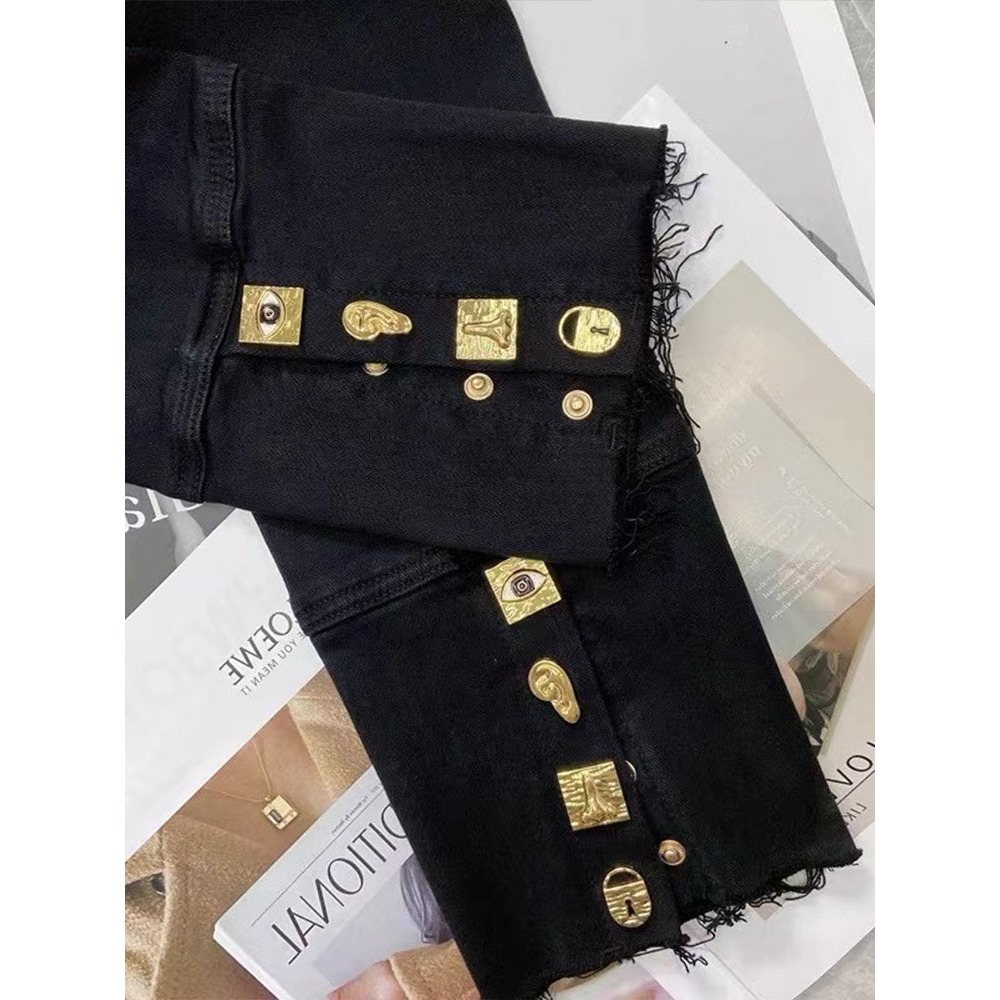 秋季新款歐貨牛仔褲女高腰紐扣設計感直筒褲顯瘦小個子九分褲-細節圖3