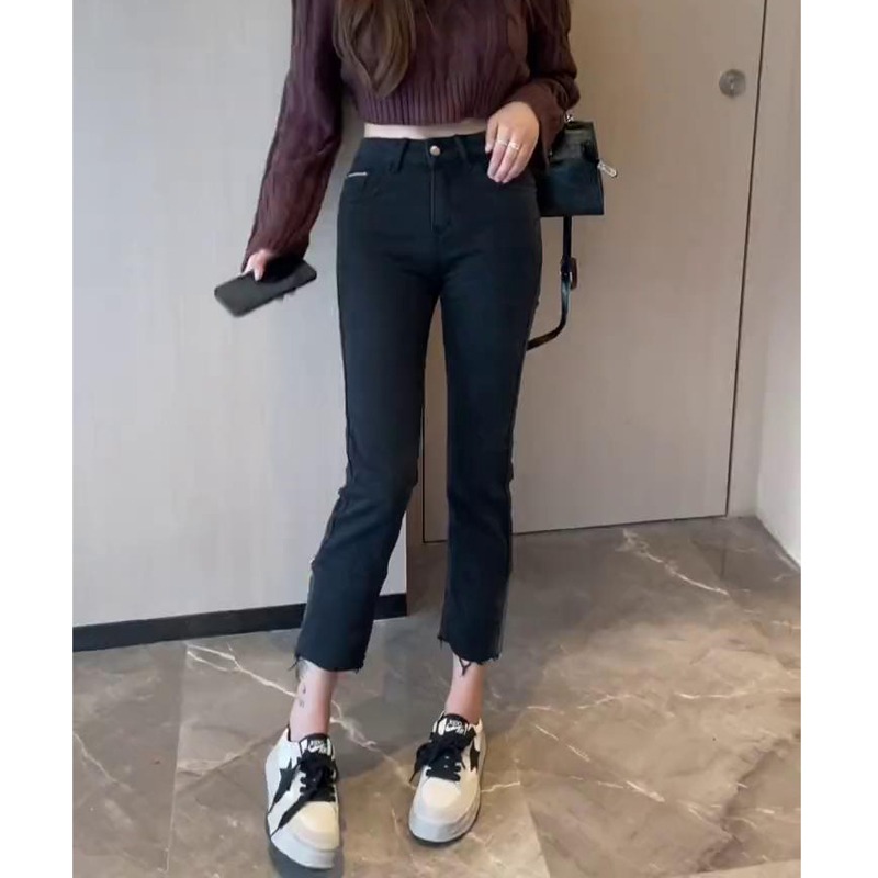 歐貨秋季新款高腰牛仔褲女褲腳漸變色時尚貼標設計直筒九分煙管褲-細節圖3