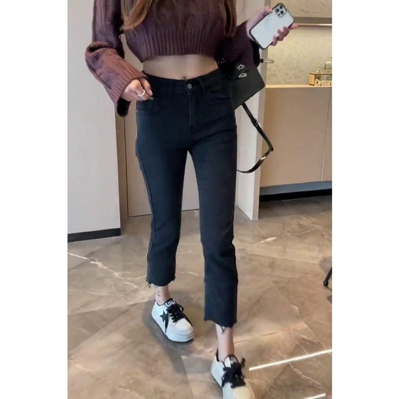 歐貨秋季新款高腰牛仔褲女褲腳漸變色時尚貼標設計直筒九分煙管褲-細節圖4