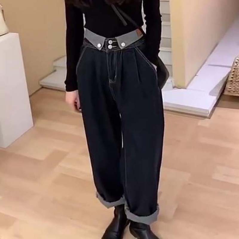 歐洲站拼色時尚設計感闊腿牛仔褲女深色顯瘦高腰寬松秋新款潮-細節圖2