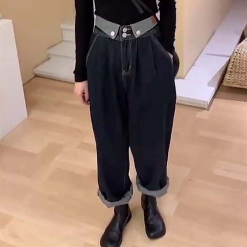 歐洲站拼色時尚設計感闊腿牛仔褲女深色顯瘦高腰寬松秋新款潮-細節圖3