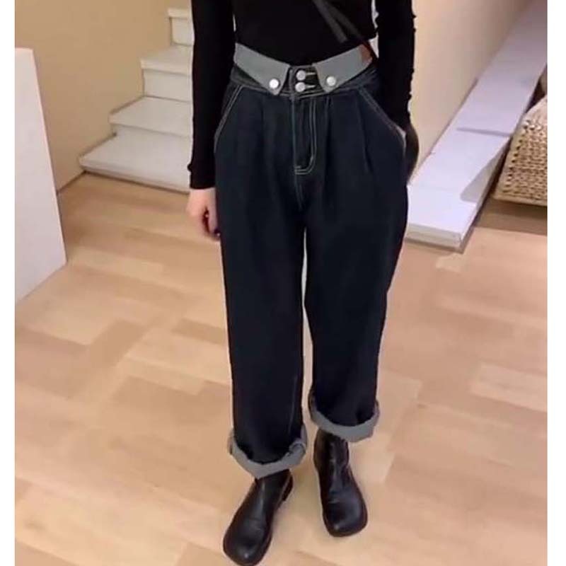 歐洲站拼色時尚設計感闊腿牛仔褲女深色顯瘦高腰寬松秋新款潮-細節圖4