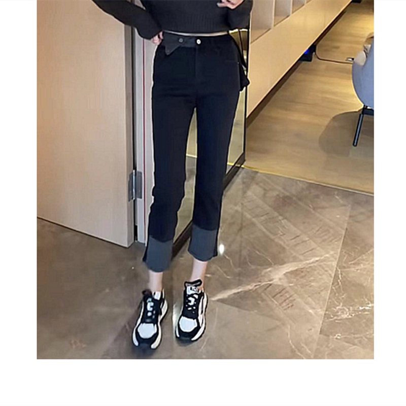秋新款高腰牛仔褲女修身褲頭翻折設計彈力開叉九分直筒煙管褲-細節圖2
