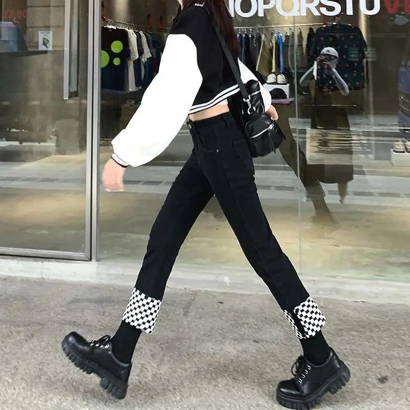 加絨高腰牛仔褲女秋冬新款黑白格子設計感顯瘦卷邊直筒九分褲-細節圖3