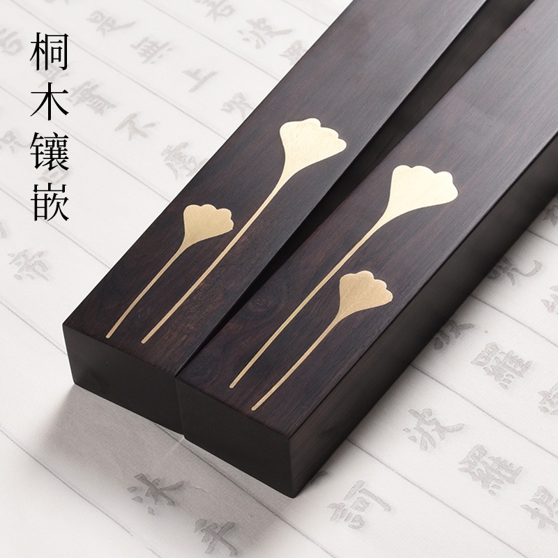 實木精品紫光檀鑲銅鎮尺彩繪竹節中國風高端鎮紙壓書器毛筆字書法專業文鎮文房四寶套裝禮盒文房擺件一對藏品-細節圖3