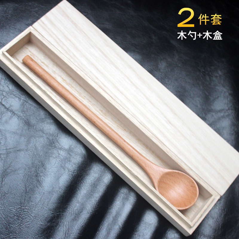 實木長柄勺帶木盒單人裝日式便攜餐具套裝旅行上班族學生飯勺湯勺-細節圖2