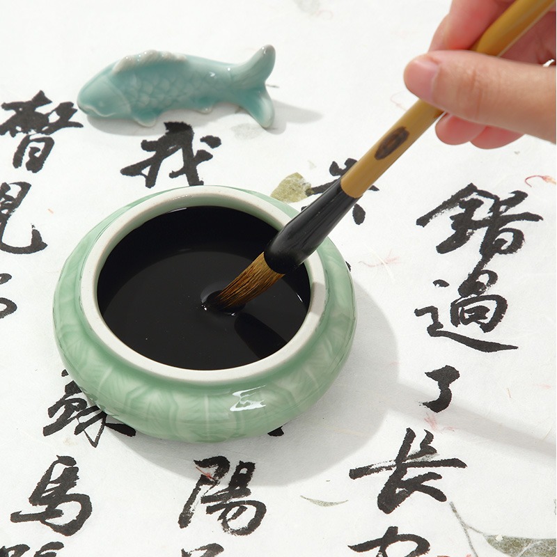 大山皮紙青瓷雨臺筆舔多功能創意古風墨碟學生初學者毛筆書法筆擱國畫用調色盤文房四寶墨池墨盒擺件-細節圖4