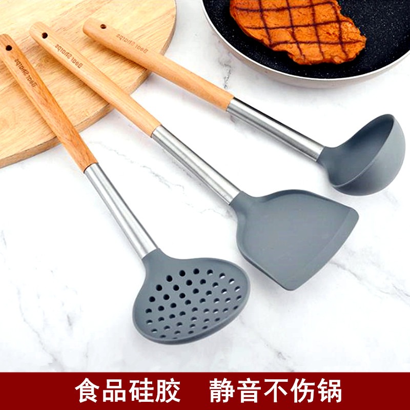 不粘鍋專用硅膠鏟家用炒菜鏟子耐高溫木柄鍋鏟炒勺護鍋鏟廚具套裝-細節圖2