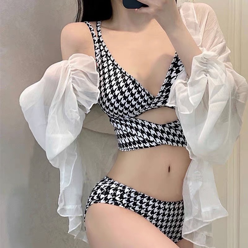 泳衣女夏新款分體千鳥格宋智雅同款保守甜純欲風性感辣妹2022新款-細節圖3