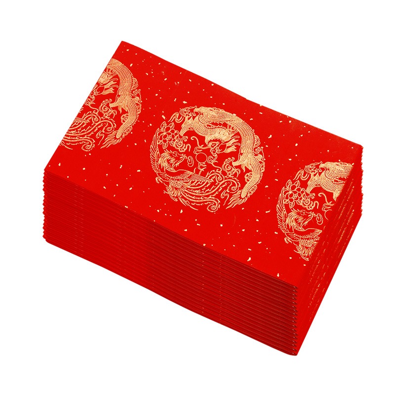 大山皮紙年全年紅春聯帶白頭對聯紙手寫空白萬年紅宣紙五尺三開七言灑金龍鳳瓦當毛筆書法對聯紅紙加厚-細節圖5