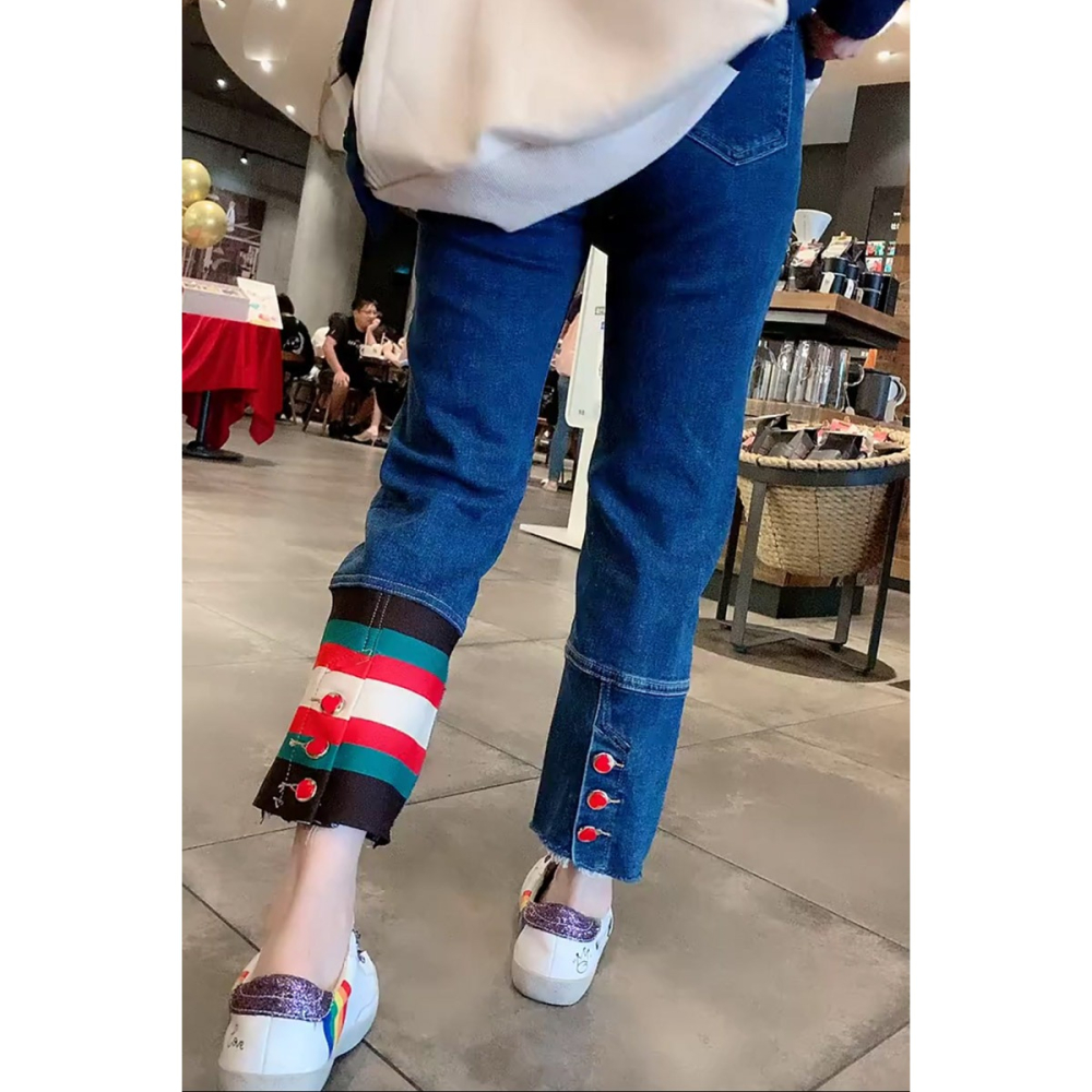 歐洲站拼接高腰牛仔女秋新款愛心排扣紐扣九分顯瘦直筒煙管褲-細節圖2