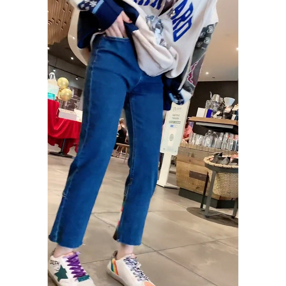 歐洲站拼接高腰牛仔女秋新款愛心排扣紐扣九分顯瘦直筒煙管褲-細節圖3