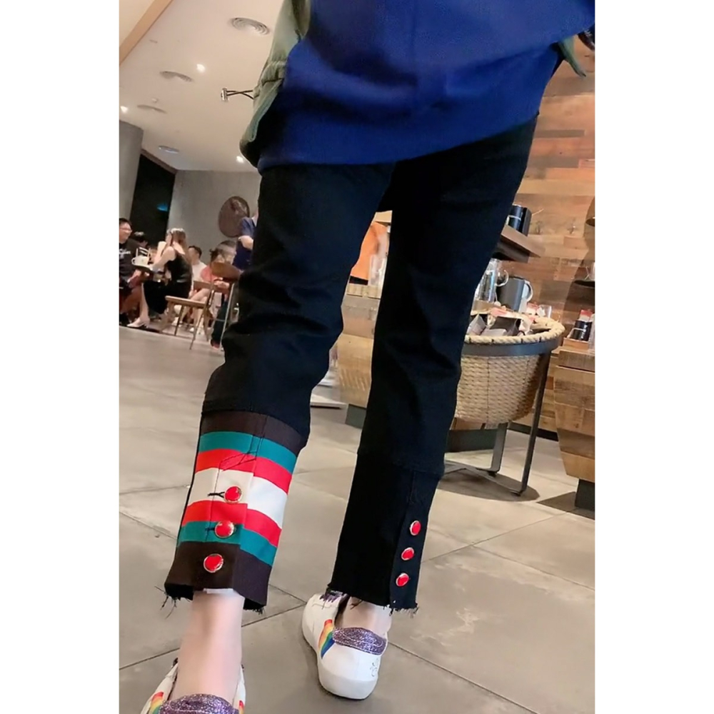 歐洲站拼接高腰牛仔女秋新款愛心排扣紐扣九分顯瘦直筒煙管褲-細節圖4