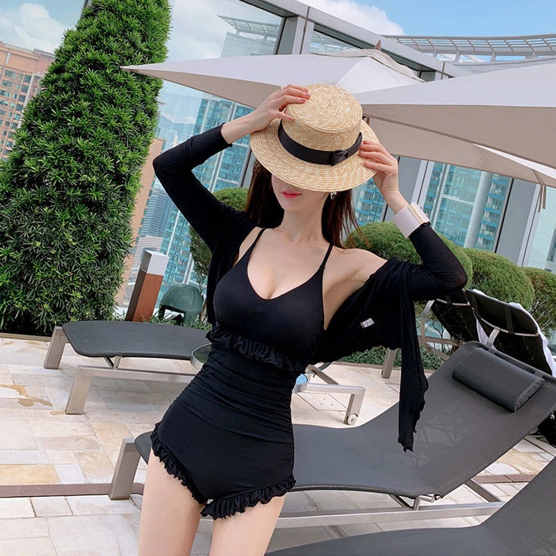 泳衣女連體保守遮肚顯瘦長袖防曬性感修身韓國ins仙女範運動泳裝-細節圖2