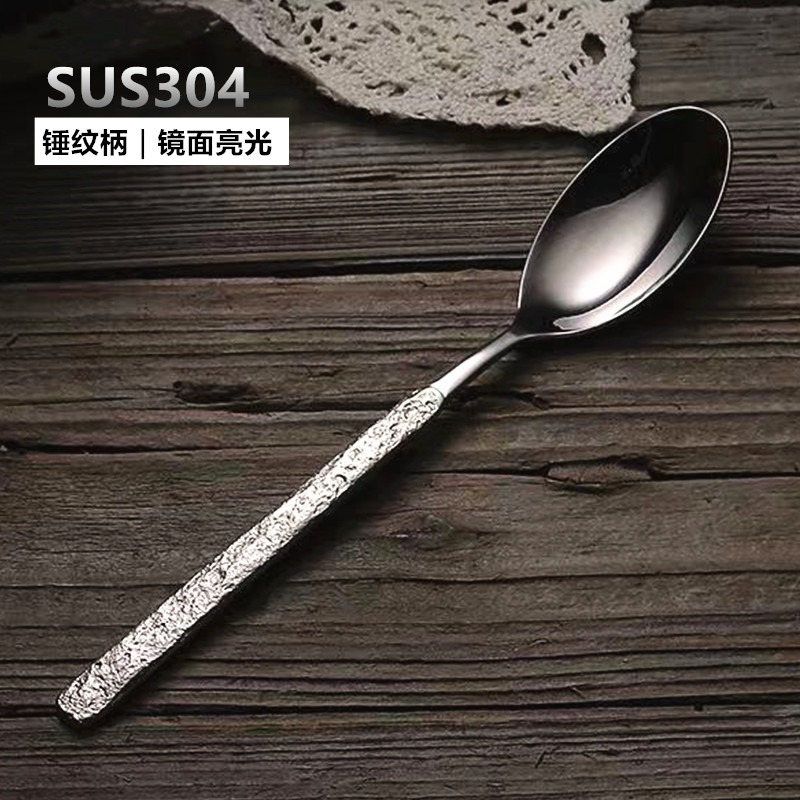 加厚304不銹鋼勺錘紋柄喝湯勺韓式拌飯勺家用長柄大調羹網紅餐勺-細節圖3