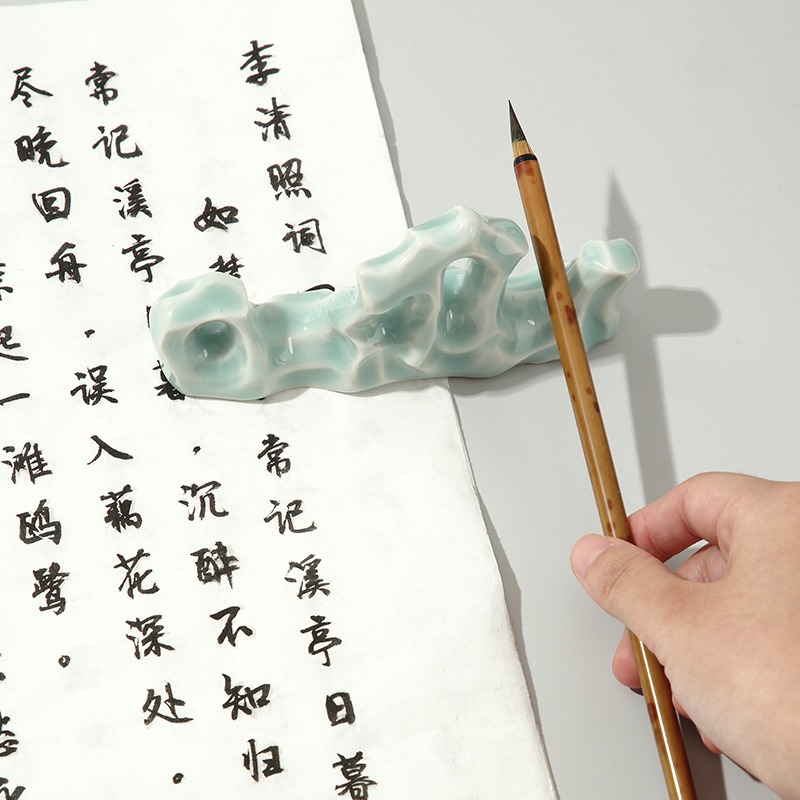 大山皮紙青瓷筆擱仿太湖石山峯創意筆託文房四寶書法國畫用品毛筆筆山多功能桌面擺件鎮紙學生個性擱筆架子-細節圖3