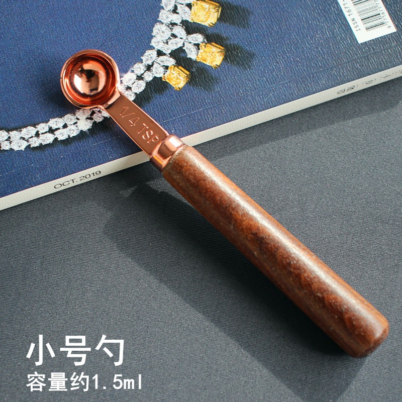 胡桃木柄紫銅色量勺調味匙湯匙茶匙量勺烘焙量匙家用刻度計量勺子-細節圖4