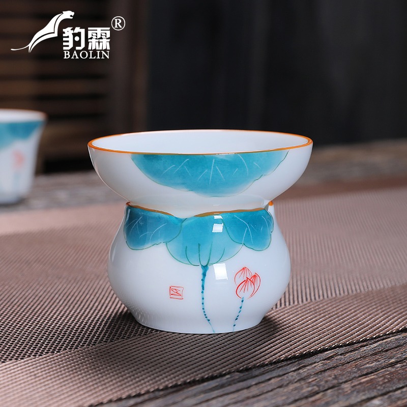 茶漏託茶濾茶葉過濾網泡茶器分離器茶隔陶瓷茶具茶杯全瓷一體手繪-細節圖2