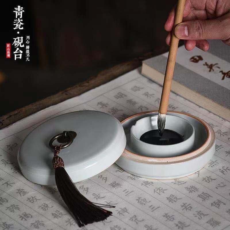 天一堂陶瓷火鍋硯帶蓋雙圈保濕不幹墨兒童學生硯臺文房四寶毛筆初學書法國畫用盛墨墨盒防蒸發不幹筆墨碟-細節圖2