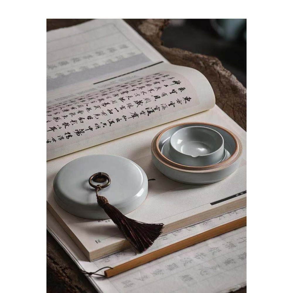 天一堂陶瓷火鍋硯帶蓋雙圈保濕不幹墨兒童學生硯臺文房四寶毛筆初學書法國畫用盛墨墨盒防蒸發不幹筆墨碟-細節圖5