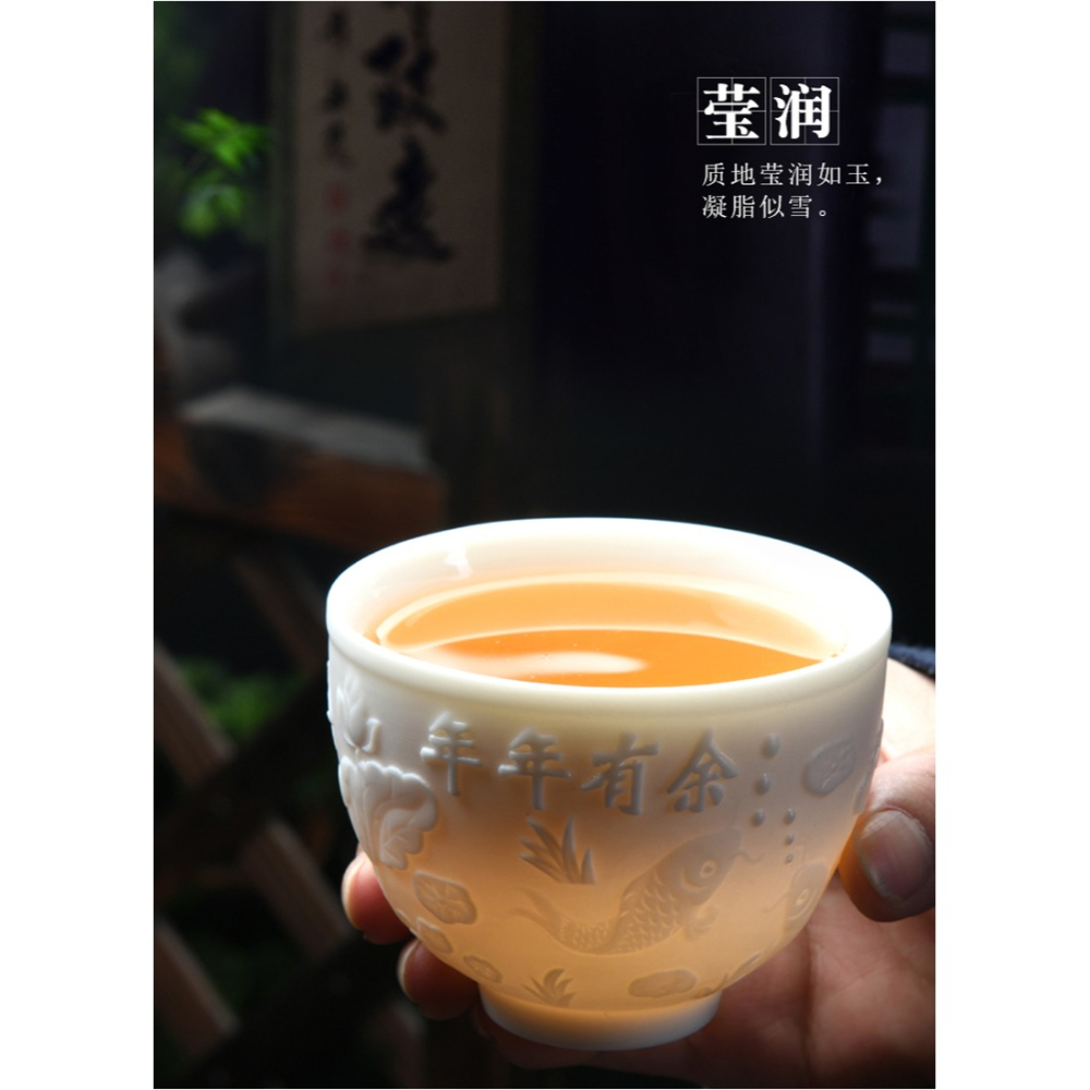 手工大號浮雕羊脂玉主人杯高檔禮盒裝酒杯小盞杯大號辦公室泡茶杯-細節圖10