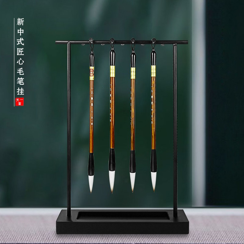 天一堂實木筆架簡約復古創意新中式鐵藝官帽筆架擺件毛筆架9針毛筆架晾筆架學生初學者文房四寶書法國畫用品-細節圖2