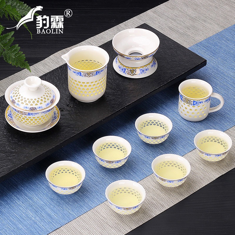 玲瓏鏤空蜂窩功夫泡茶具整套裝陶瓷家用蓋碗茶碗茶杯子用品大全套-細節圖2