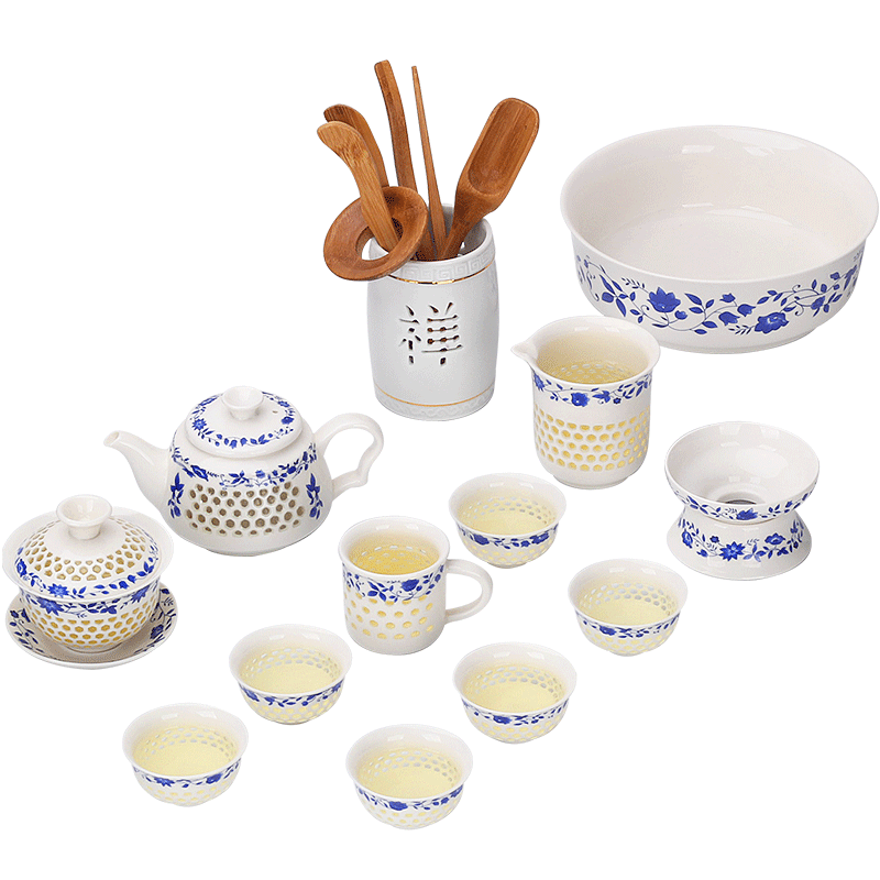 玲瓏鏤空蜂窩功夫泡茶具整套裝陶瓷家用蓋碗茶碗茶杯子用品大全套-細節圖5