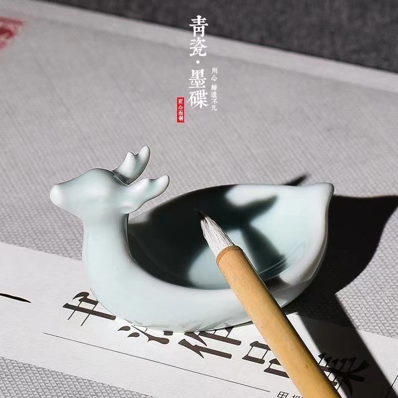 天一堂墨碟文房四寶硯臺書法書房擺件小鹿墨碟龍泉青瓷筆擱瓷器筆架墨池-細節圖3