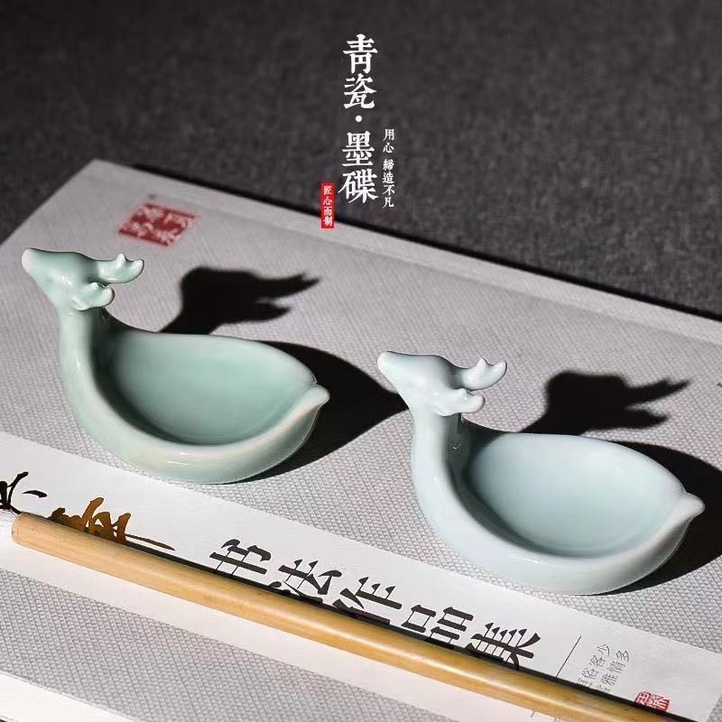 天一堂墨碟文房四寶硯臺書法書房擺件小鹿墨碟龍泉青瓷筆擱瓷器筆架墨池-細節圖4