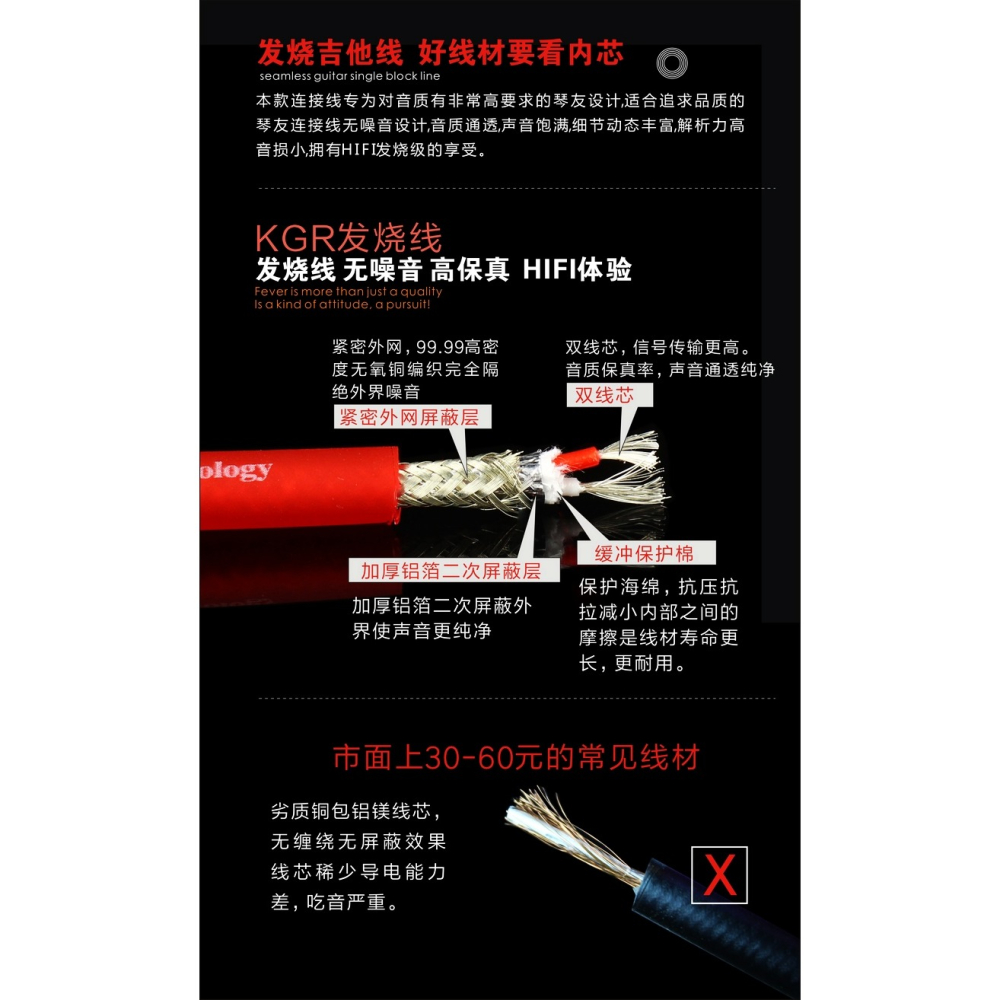KGR吉他線電子琴架子鼓調音臺樂器線音頻線鍍銀線雙聲道立體聲-細節圖2
