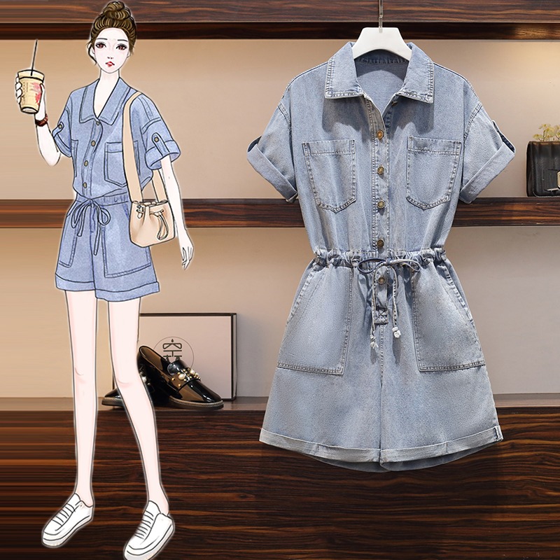 品牌折扣店商場專櫃撤櫃女裝尾貨清倉夏裝高腰牛仔連體闊腿短褲女-細節圖2