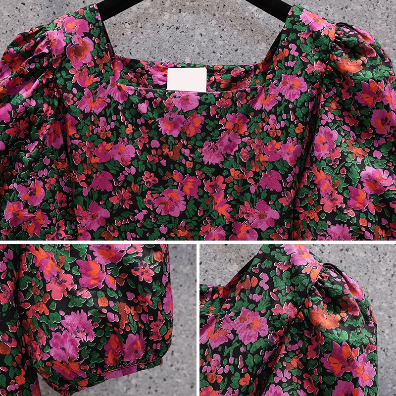 品牌折扣店商場專櫃撤櫃女裝尾貨清倉夏裝方領碎花泡泡袖連衣裙子-細節圖4