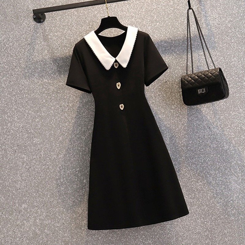 品牌折扣店商場專櫃撤櫃女裝尾貨清倉夏裝翻領法式黑色短袖連衣裙-細節圖2