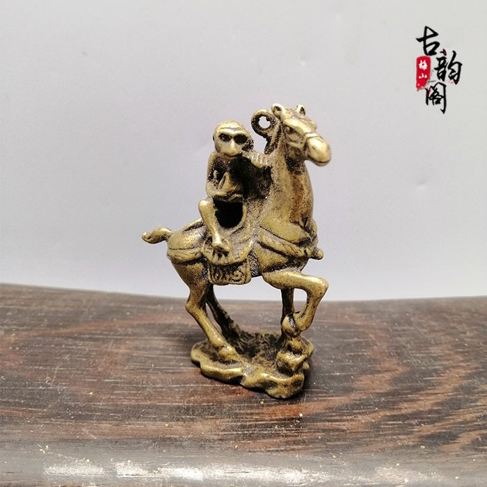 古玩雜項銅器收藏仿古做舊銅器馬上猴擺件純銅工藝小擺件老物件-細節圖2