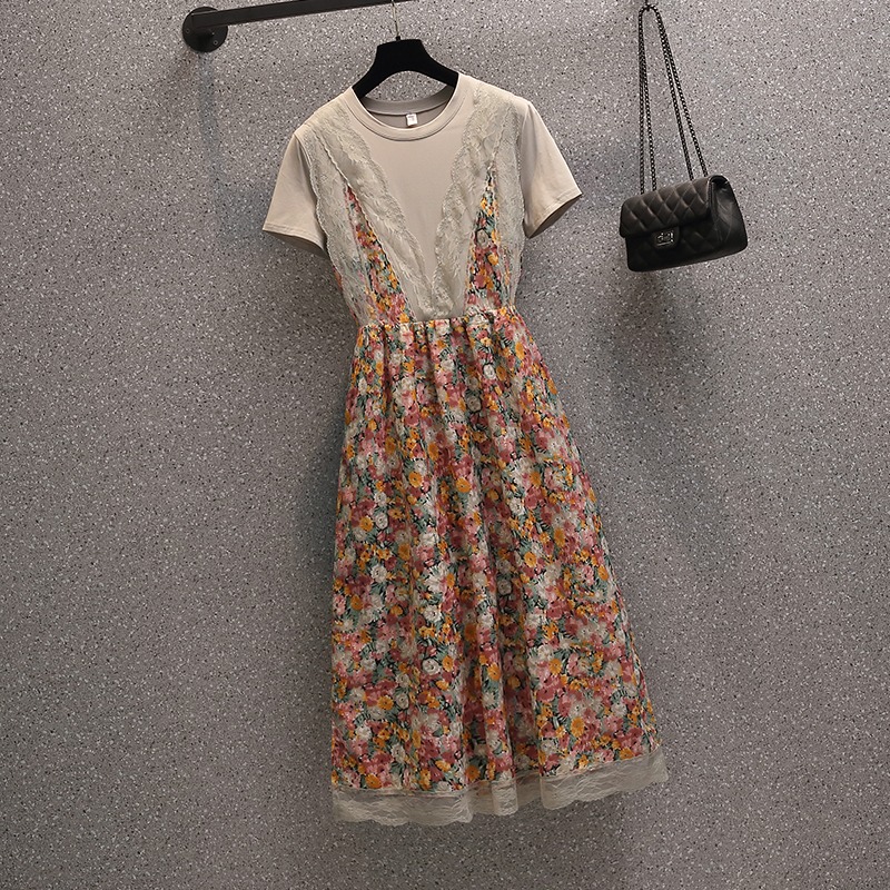 品牌折扣店商場專櫃撤櫃女裝尾貨清倉夏裝拼接假兩件碎花連衣裙女-細節圖2