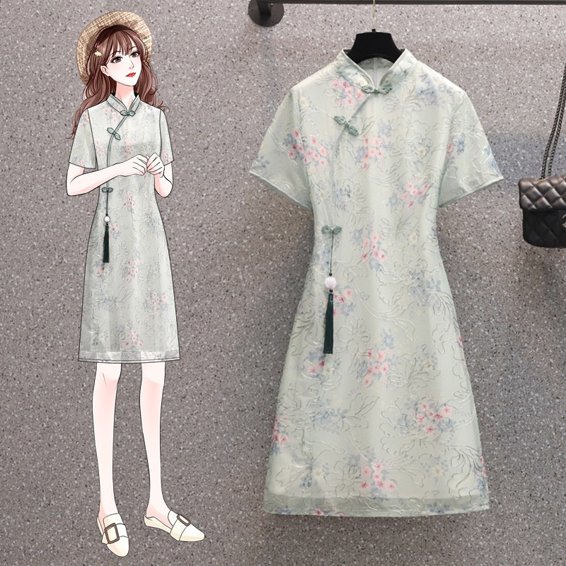 品牌折扣店商場專櫃撤櫃女裝尾貨清倉夏裝氣質刺繡旗袍短袖連衣裙-細節圖3