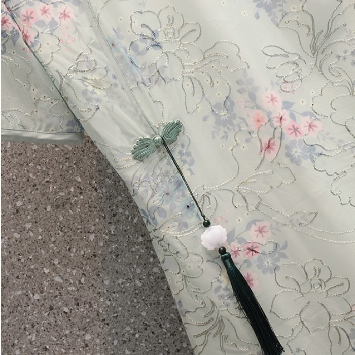 品牌折扣店商場專櫃撤櫃女裝尾貨清倉夏裝氣質刺繡旗袍短袖連衣裙-細節圖4