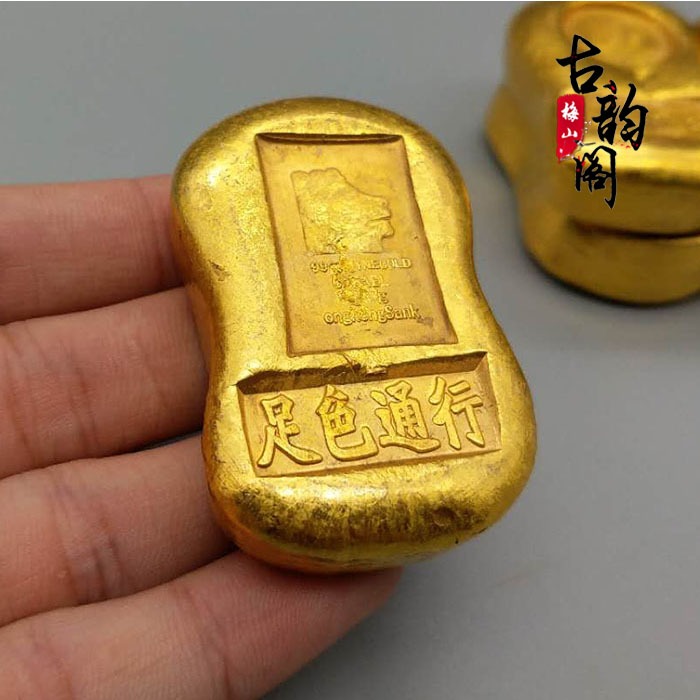 招財 仿古純銅鎏金金錠金條金元寶金餅金磚古玩家居裝飾禮品擺件-細節圖2