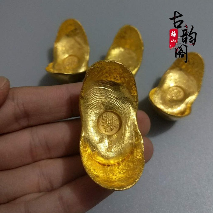 招財 仿古純銅鎏金金錠金條金元寶金餅金磚古玩家居裝飾禮品擺件-細節圖3