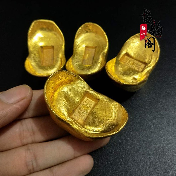 招財 仿古純銅鎏金金錠金條金元寶金餅金磚古玩家居裝飾禮品擺件-細節圖4