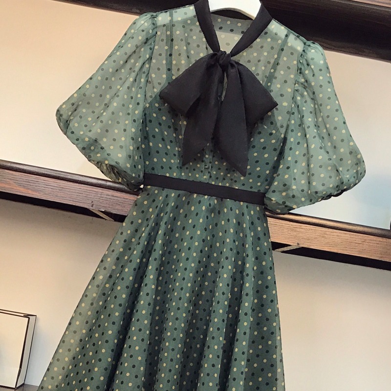 品牌折扣店商場專櫃撤櫃女裝尾貨清倉夏裝桔梗波點短袖連衣裙子潮-細節圖3